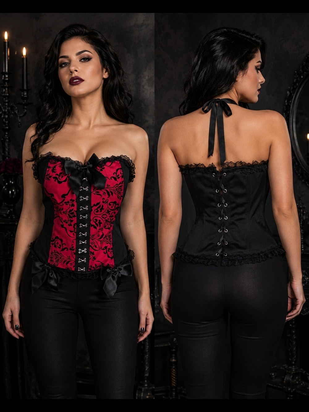 Rose Gal 1X Red Black Gothic Corset Lace Bow Bustier Top